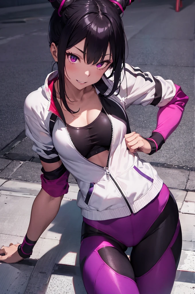 juri han,beautiful young fitness woman with , in a gym wearing May with black pantyhose, white and purple fitted gym jacket. standing alone,hair horns,bright purple eyes,Evil smile,legging preto aura roxa,arms crossed eye shadow,whole body,labiaa,sitting,legs crossed
