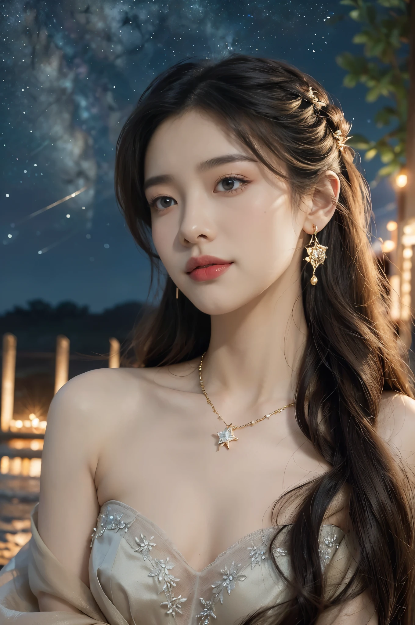 (((best quality))),(((ultra detailed))),(((masterpiece))),illustration,((1 beautiful girl,solo)),(shoulder length straight hair:1.2),((earrings,necklace)),((slim,thin)),((small breasts,flat chest)),(strapless gorgeous sheer red bra:1.3),(standing:1.3),(on the stone arch bridge:1.3),((starry sky,the Milky Way,horizon)),elegance, grace, sophisticated updo, delicate hairpins, twinkling stars, radiant smile, bright eyes, wonder, beauty of the night sky, intricate patterns, flowers, birds, vibrant colors, ethereal, enchanting, old bridge, weathered, sturdy, natural surroundings, serene, peaceful atmosphere, rippling water, stars, graceful silhouette, magic, tranquility, twinkling stars, mesmerizing canopy of light, cool air, crisp, faint scent of blooming flowers, contemplation, admiration, ancient China, timeless, rich culture, traditions, captivating, enchanting atmosphere, myth, legend,((from front,close-up of face))