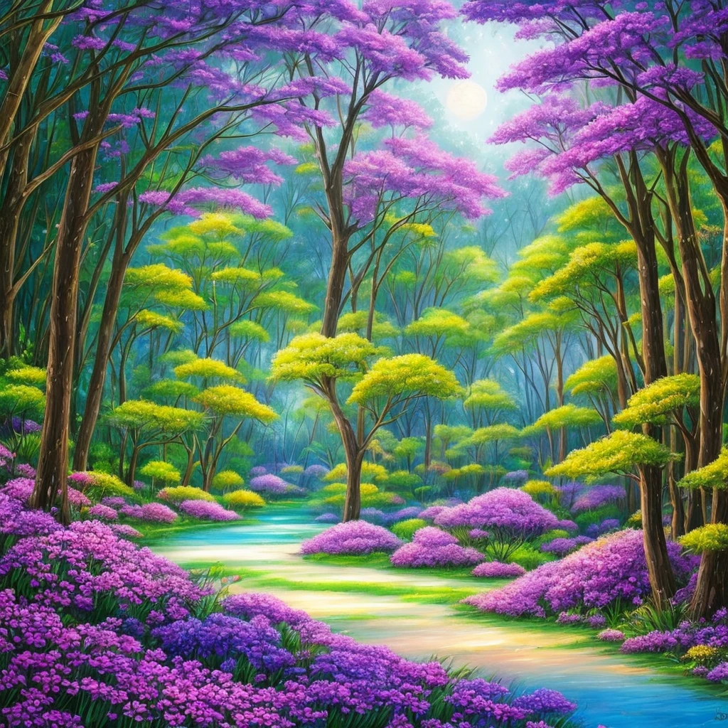 a painting of a purple forest with flowers and trees, magical fantasy forest, very magical and dreamy, magical forest in the background, magical colors and atmosphere, magical colours and atmosphere, magical forest, magic fairy forest, magical landscape, enchanted magical fantasy forest, magical environment, fantasy forest, lost in a dreamy fairy landscape, anime beautiful peace scene, mystical forest lagoon