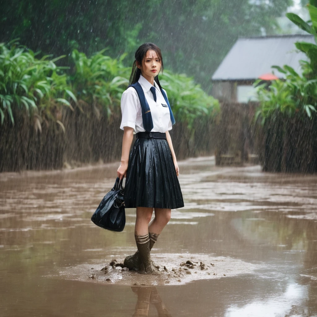 A woman in uniform is standing on the mud。I can see the black skirt。She is wearing knee-length white socks stained brown with mud.。Wearing brown loafers。The shoes and socks are completely covered in mud.。Heavy rain is falling。Lower body only