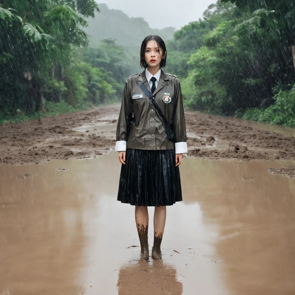 A woman in uniform is standing on the mud。I can see the black skirt。She is wearing knee-length white socks stained brown with mud.。Wearing brown loafers。The shoes and socks are completely covered in mud.。Heavy rain is falling。Lower body only