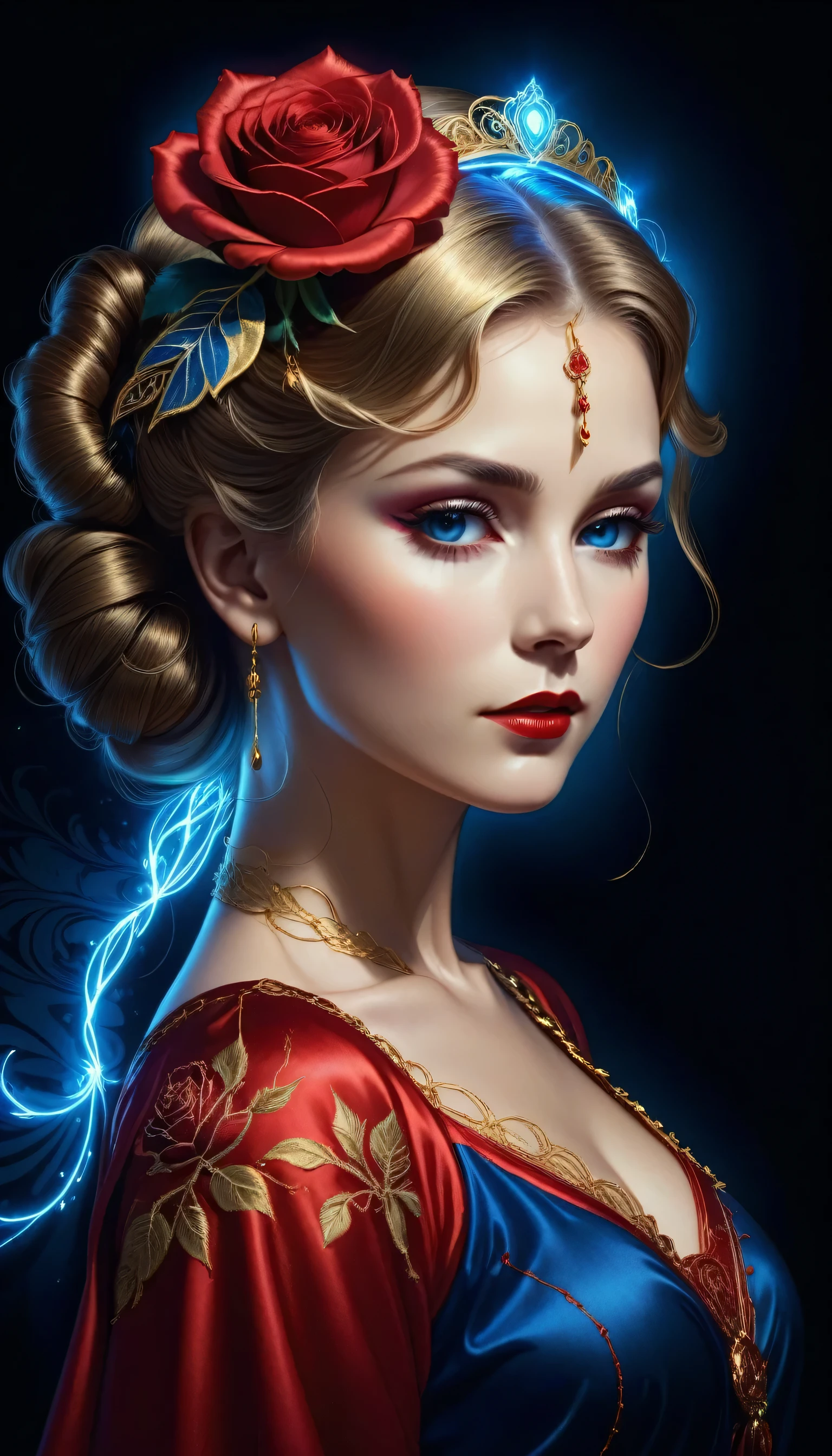 [[[mucha artist]]]，On a dark background with a blue spot of light, blue electrical charges form a stylized silhouette of a beautiful woman, perfect face, wearing red satin with gold embroidery, hair tied up, an electric red rose on the hair, bioluminescence and iridescence. UHD.