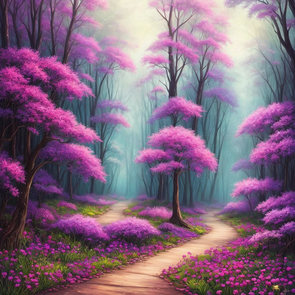 a painting of a purple forest with flowers and trees, a detailed painting by Jane Small, trending on cgsociety, fantasy art, magical fantasy forest, very magical and dreamy, magical forest in the background, magical colors and atmosphere, magical colours and atmosphere, magical forest, magic fairy forest, magical landscape, enchanted magical fantasy forest, magical environment, fantasy forest