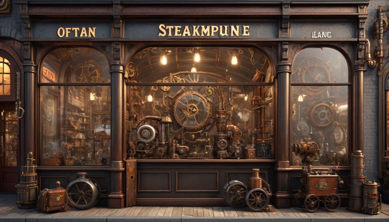 Steampunk Art, Toy store, Window Display, Octane Rendering, Strengthen, Complex, (Highest quality, masterpiece, Representative works, Official Art, Professional, 8k wallpaper:1.3)