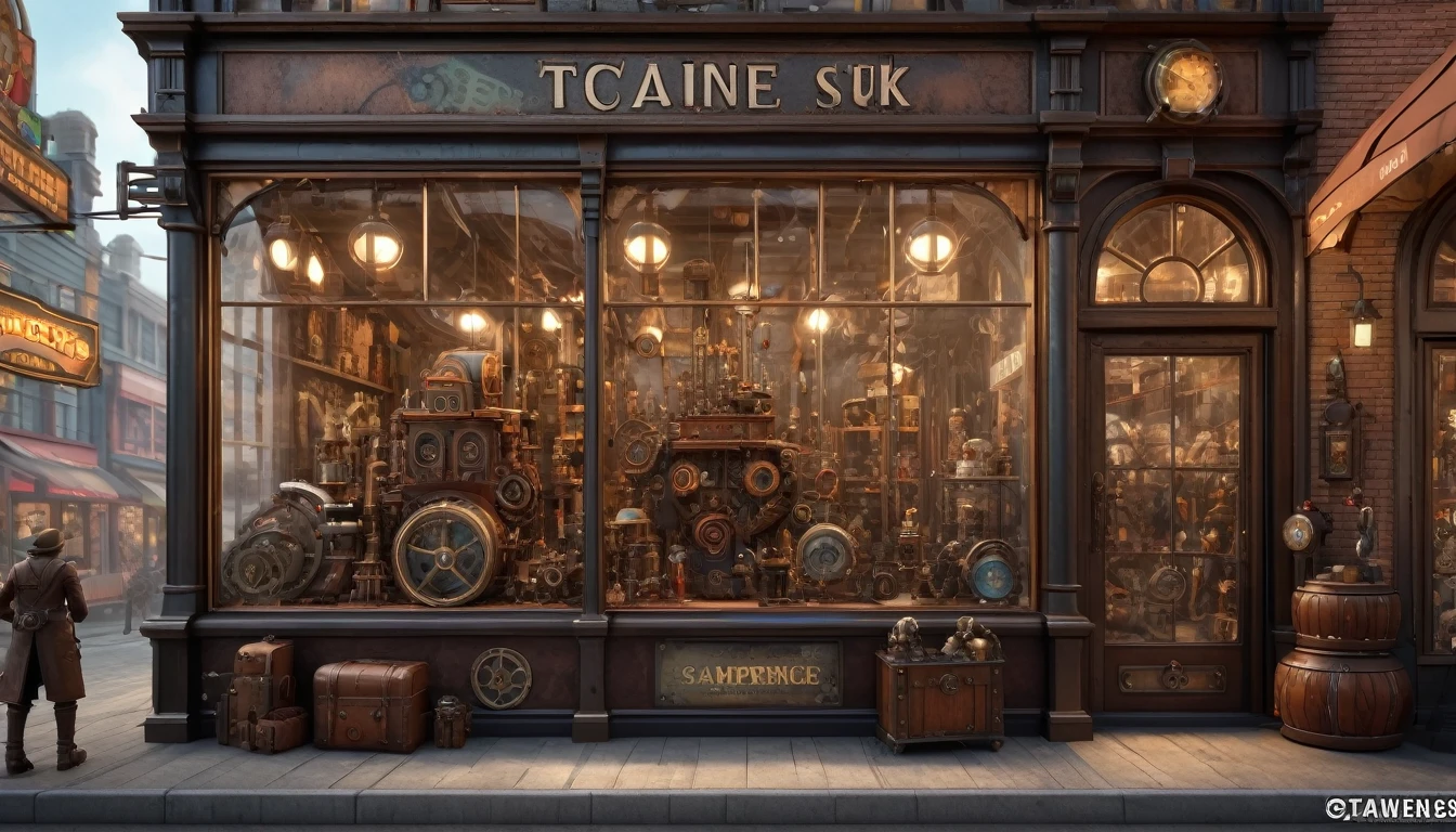 Steampunk Art, Toy store, Window Display, Octane Rendering, Strengthen, Complex, (Highest quality, masterpiece, Representative works, Official Art, Professional, 8k wallpaper:1.3)