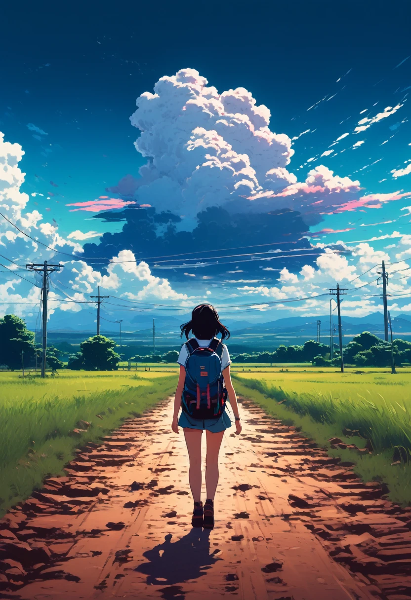 there is a woman walking down a dirt road with a backpack, anime style mixed with fujifilm, style of alena aenami, girl clouds, artistic. alena aenami, in style of makaoto shinkai, makoto shinkai cyril rolando, ilya kuvshinov landscape, in the distance, style of makoto shinkai
