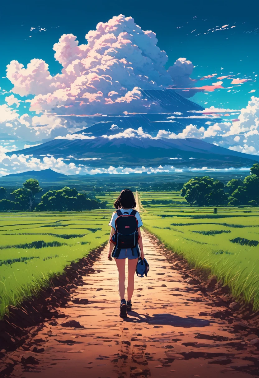 there is a woman walking down a dirt road with a backpack, anime style mixed with fujifilm, style of alena aenami, girl clouds, artistic. alena aenami, in style of makaoto shinkai, makoto shinkai cyril rolando, ilya kuvshinov landscape, in the distance, style of makoto shinkai
