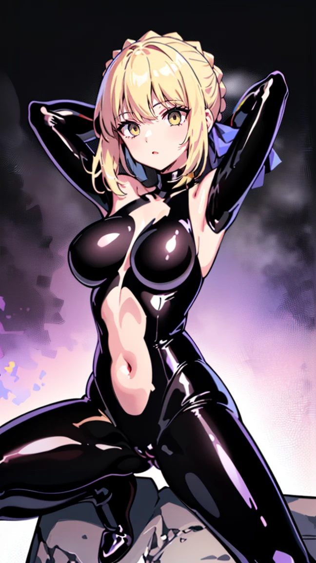 1 girl,Browsing Caution,Artoria Pendragon ,(destiny\), clavicle, Glowing red eyes,Absurd, Hollow Eyes,Hollow Eyes, Huge breasts,Emotional erasure, Expressionless,(((Black latex tight bodysuit))),((avert your eyes)) , 背面shape, ((Squat,Spread your legs, Place your arms behind your head,Underbutt)), (Highest quality、4K、8k、High resolution、Must have:1.2)、Very detailed、(reality、reality的、reality的:1.37)、Ticker、Hyper HD、Studio Lighting、Ultra High Definition Paint、Sharp focus、Physically Based Rendering、Very detailedな、Professional specifications、Vibrancy and color、Blurred、Sports portrait、landscape、Horror Style、Anime Big 、sf、photograph、Concept Artist、Five Fingers, Perfect body, {{{masterpiece}}}, {{{Highest quality}}}, {{Very detailed}}, {shape}, {{Very delicate and beautiful}},Promoting cost performance、All Roles、Canon 5D MK4でphotograph、photograph,