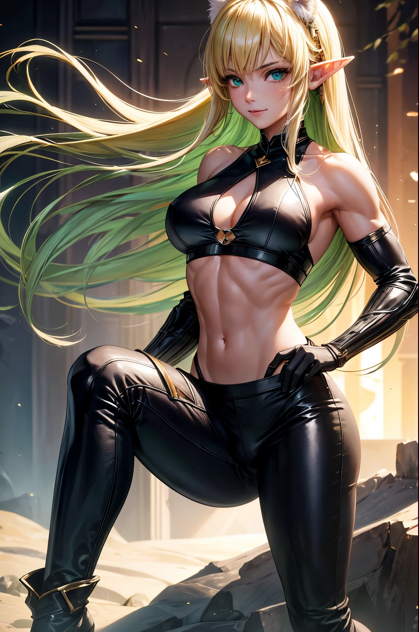 8k,An elf woman who serves as the vice-commander of the Brave Knights..,so beautiful(Like the real thing),Green Eyes,Elf Ears,Blonde Straight Hair,Muscular and slim body,Strongly defined abdominal muscles,Luxurious black exterior,Luxury Black Combat Pants,Very big smile,Long, narrow eyes,masterpiece,Photorealistic RAW photos of the highest quality。Bright colors,Rich colors, Backlight, Cinema Lighting, Film Grain, to be born, 50mm lens, Nikon D850,Realistic Skin,Fantasy art,Character Art,Ultra-high resolution,Realistic scale skins,Perfect hand shape,View your viewers,Beautiful expression,1 comb&#39;hair,Very small breasts,Gorgeous black very small chest armor,Luxurious black shoulder pad,Luxurious black gauntlets,Luxurious black armour,Luxurious black leg armor,View your viewers,Thin breastplate,Top view,close,Sharp Eyes,Dynamic fighting pose,Very small breasts,German,Muscular Beauty,Hard and strong abs,Makeup,