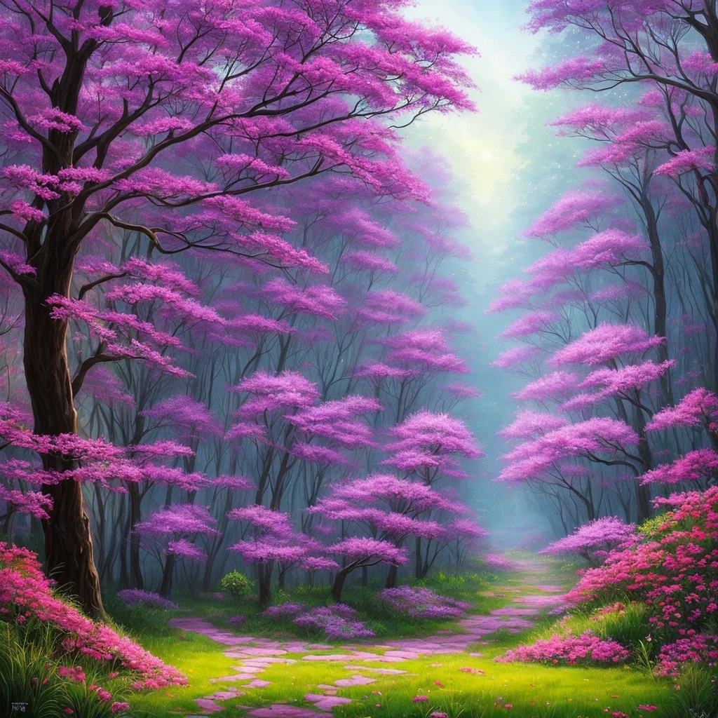 a painting of a purple forest with flowers and trees, a detailed painting by Jane Small, trending on cgsociety, fantasy art, magical fantasy forest, very magical and dreamy, magical forest in the background, magical colors and atmosphere, magical colours and atmosphere, magical forest, magic fairy forest, magical landscape, enchanted magical fantasy forest, magical environment, fantasy forest
