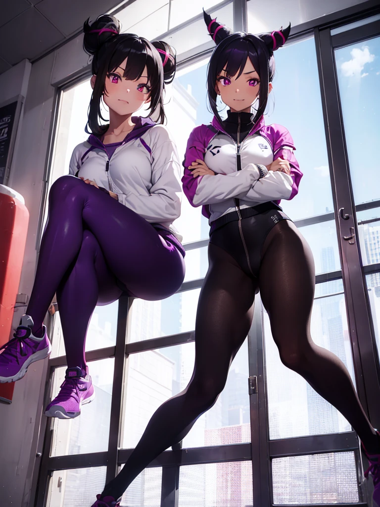 juri han,beautiful young fitness woman with , in a gym wearing May with black pantyhose, white and purple fitted gym jacket. standing alone,hair horns,bright purple eyes,Evil smile,legging preto aura roxa,arms crossed eye shadow,whole body,labiaa,sitting,legs crossed
