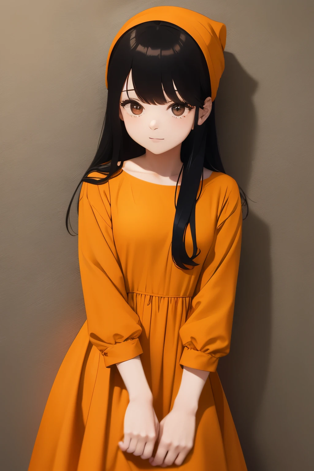 One with black hair, wearing an orange cap and a long-sleeved yellow dress