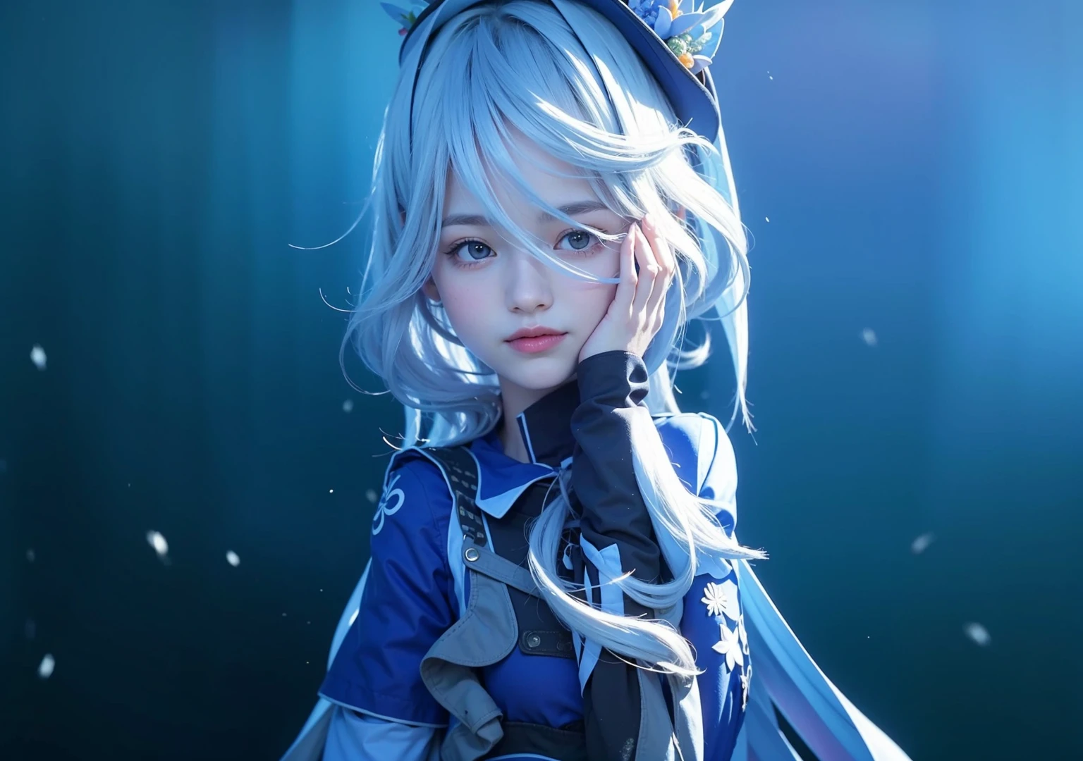 europe girl, smile, in deep water, white hair, blue uniform 