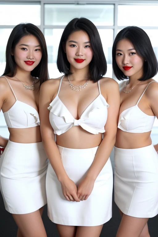 A young Japanese beautiful girl, 20-year-old, sexy girl, strikingly beautiful, black hair, big breasts, delicate facial features, porcelain skin, red lips, expressive eyes, (highest quality, masterpiece, Realistic, Very detailed, Ultra-high resolution, to be born:1.3), (Three Girls:1.5), beautiful, office workers, (Close bonds, Knee-length skirt), (((girls all nude))), (smile), (Short black hair)、Bob Hair, necklace, (office, indoor, Glass Room), ( Black pumps:1.2), (whole body:1.2), (D cup breasts:1.3), (crowd)、(Meaty legs:1.3)、(Standard body shape:1.4)、D cup breasts、Formal Business Jacket、Knee-length pencil skirt、white ruffle blouse、red lipstick、Pearl necklace、