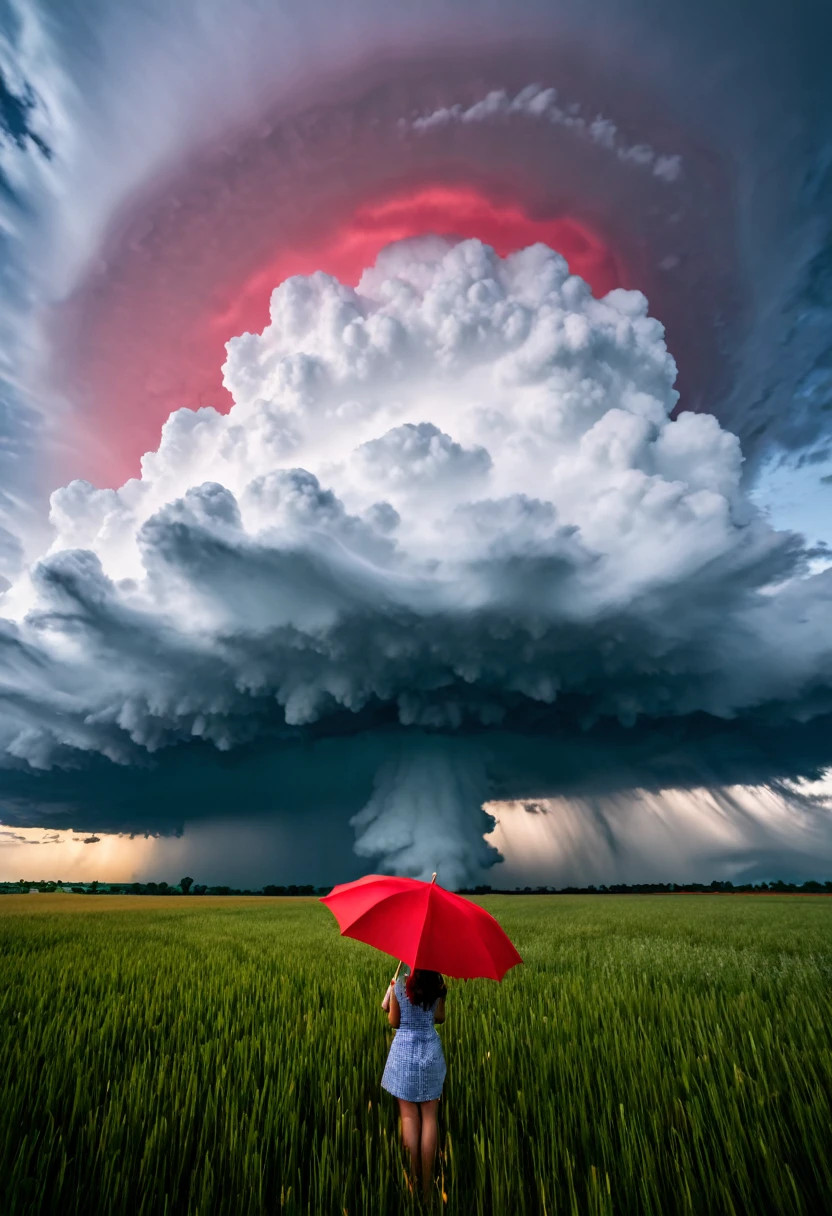 there is a person holding an umbrella in a field under a cloudy sky, weather photography, girl clouds, giant clouds, red cumulonimbus clouds, big clouds, ominous red cumulonimbus clouds, unsplash contest winning photo, huge clouds, raining award winning photo, prize winning color photo, cumulus, big puffy clouds, large clouds