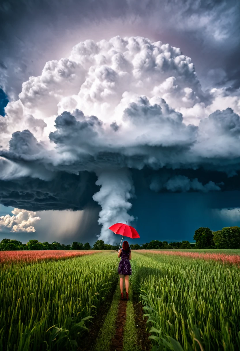 there is a person holding an umbrella in a field under a cloudy sky, weather photography, girl clouds, giant clouds, red cumulonimbus clouds, big clouds, ominous red cumulonimbus clouds, unsplash contest winning photo, huge clouds, raining award winning photo, prize winning color photo, cumulus, big puffy clouds, large clouds
