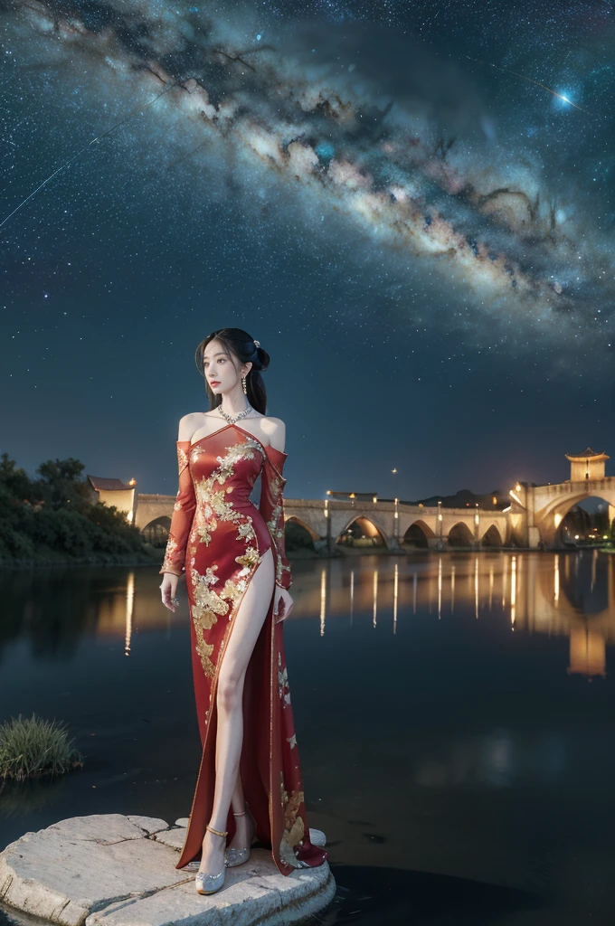 (((best quality))),(((ultra detailed))),(((masterpiece))),illustration,((1 beautiful girl,solo)),(shoulder length straight hair:1.2),((earrings,necklace)),((slim,thin)),((small breasts,flat chest)),(gorgeous sheer red Chinese dress:1.3),(slender legs:1.2),(loafers:1.2),(standing:1.3),(on the stone arch bridge:1.3),((starry sky,the Milky Way,horizon)),elegance, grace, sophisticated updo, delicate hairpins, twinkling stars, radiant smile, bright eyes, wonder, beauty of the night sky, intricate patterns, flowers, birds, vibrant colors, ethereal, enchanting, old bridge, weathered, sturdy, natural surroundings, serene, peaceful atmosphere, rippling water, stars, graceful silhouette, magic, tranquility, twinkling stars, mesmerizing canopy of light, cool air, crisp, faint scent of blooming flowers, contemplation, admiration, ancient China, timeless, rich culture, traditions, captivating, enchanting atmosphere, myth, legend,((from front,full body))