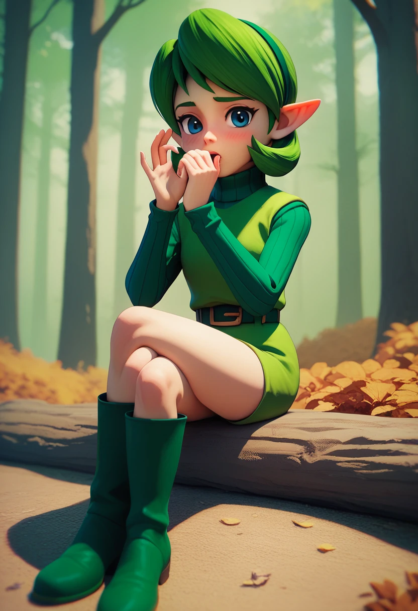 saria, sitting, crossed legs, looking at viewer, woods, blushing, 3d, sweater, turtleneck, ribbed sweater, boots,belt, green footwear, fellatio gesture