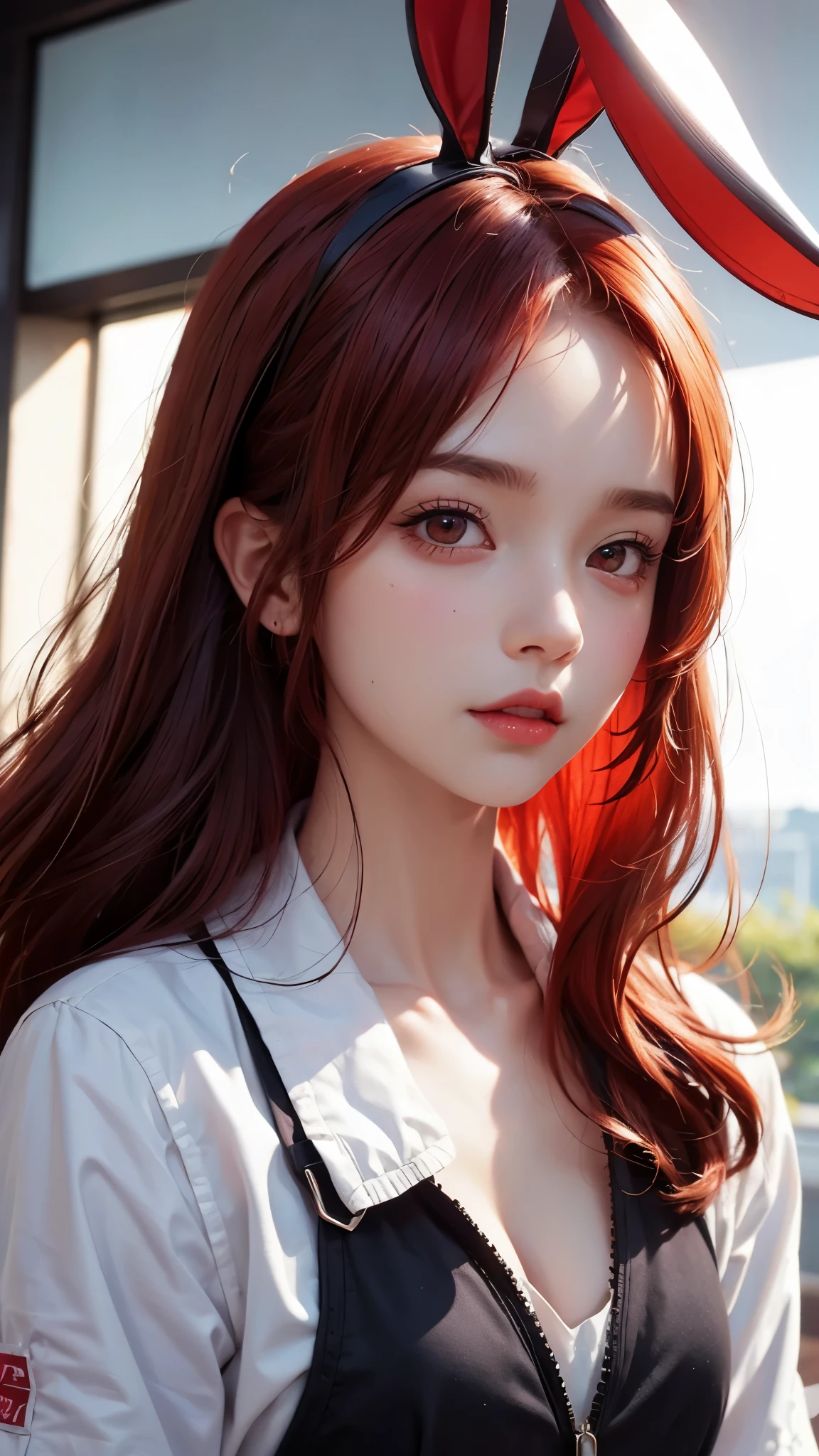 Cute sexy girl, Red hair, Bunny Girl,Close-up of face，Clean background，Surreal, Detailed lighting, Japanese Animation