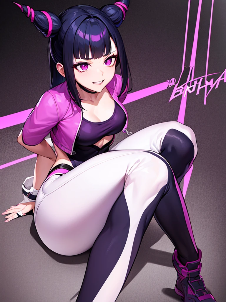 juri han,beautiful young fitness woman with , in a gym wearing May with black pantyhose, white and purple fitted gym jacket. standing alone,hair horns,bright purple eyes,Evil smile,legging preto aura roxa,arms crossed eye shadow,whole body,labiaa,sitting,legs crossed,beautiful detailed eyes
