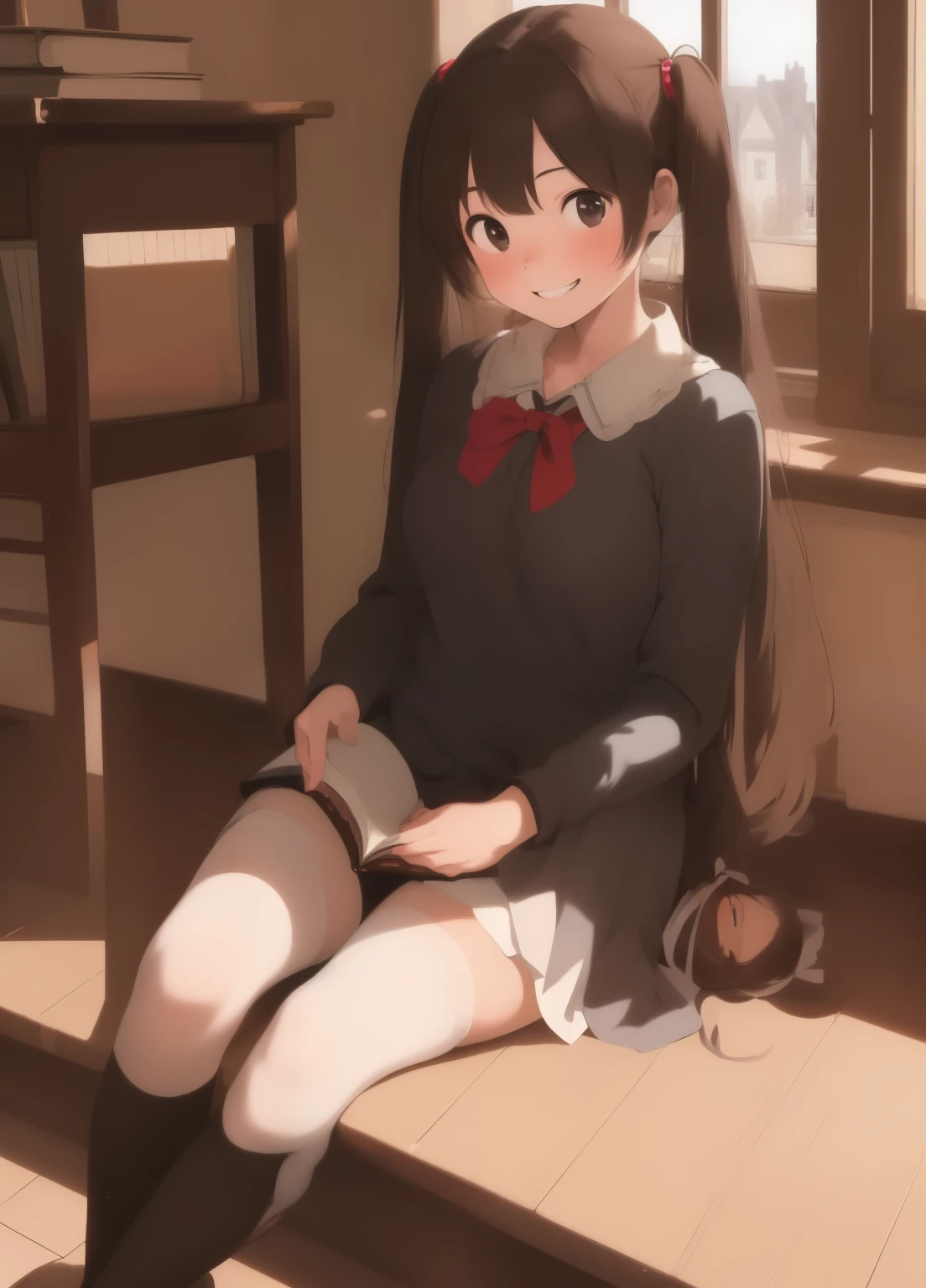 (masterpiece、Highest quality、Highest quality、Official Art、Beautiful and beautiful:1.2)、(One girl:1.3)Hatsune Miku、Twin tails,Beautiful , daughter , Hair Gold , 12 year , In the medieval classroom , Brown Shoes , White Stockings, Swollen breasts, Reading a itting on the floor