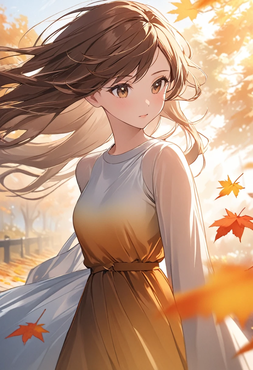 woman,Gradient Dress,Long Hair,Brown Hair,model,10th Generation,clear,Stylish,Walking,The wind is blowing,close-up head,autumn