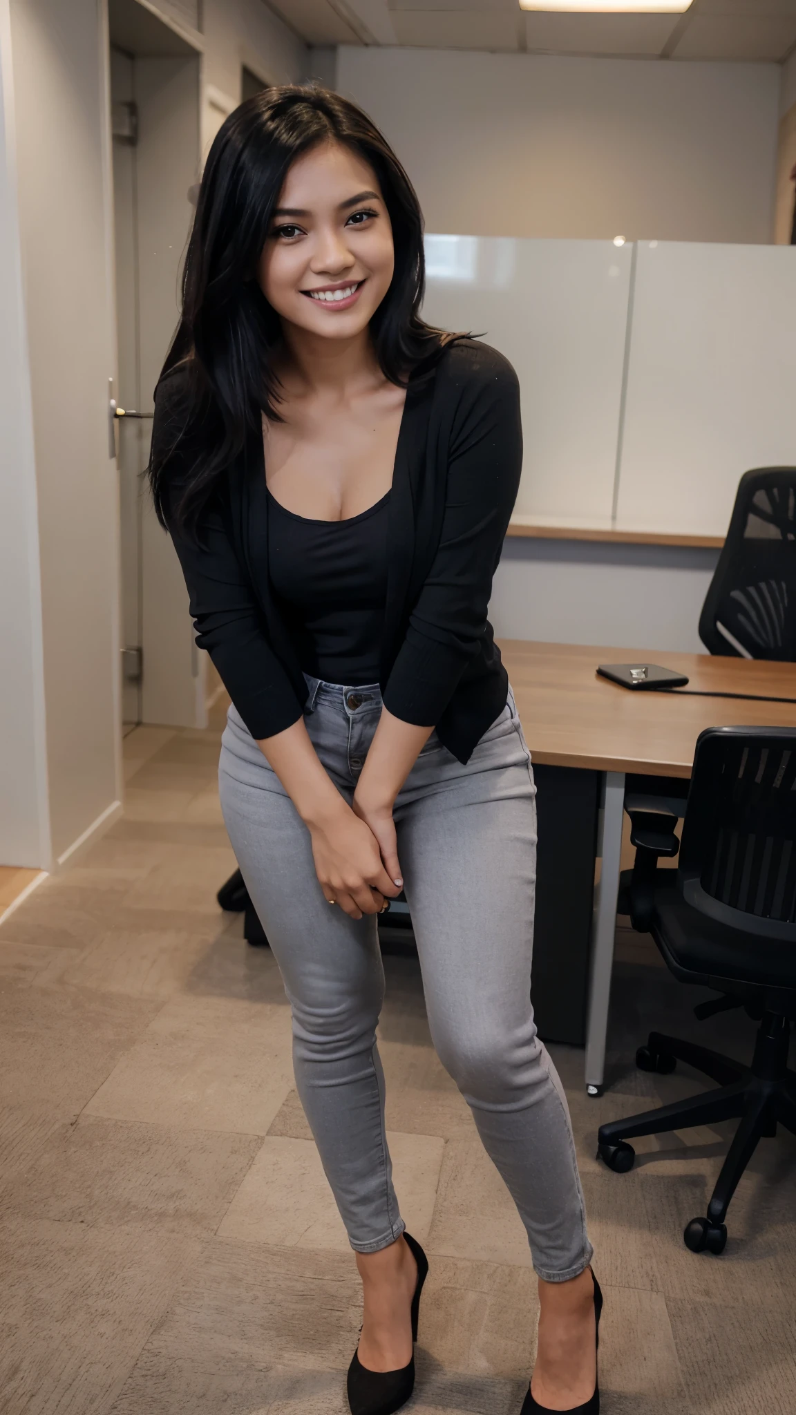 25 years old, girl, violet t-shirt, black cardigan, light grey skinny jeans, black hair, indonesian girl, smile, with heels, office