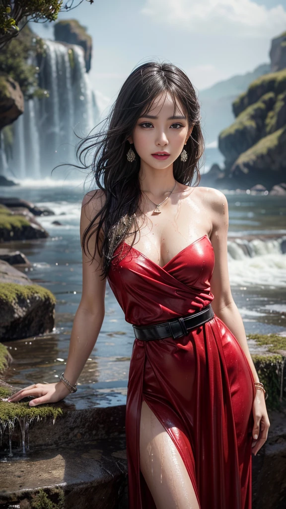 (RAW shooting, Majestic:1.3, 32K:1.5, highest quality, masterpiece, Ultra-high resolution), Perfect dynamic composition:1.3, (heavy snow, On the Cliff:0.7, Majestic Background:0.7, Expressions of sadness:0.9), Highly detailed skin and face texture:1.3, Wet slim woman:1.0, Random Shot, Fair skin:1.2, Mystical Expressions:1.0, Incredibly slim body:1.2, fractal art:1.1, Very beautiful face:1.1, Water droplets on the skin, (Rain drips down on my body:1.1, Wet body:1.1, Wet Hair:1.1), (Standing Pro:0.8, With a wet bouquet:0.9, Beautiful red maxi dress portrait:1.0, Woven Belt), Shapely breasts, (Big eyes that exude beautiful eroticism:0.5, Lips that exude beautiful eroticism:0.5), Detailed, I love you, Very sweet atmosphere, necklace, Earrings, bracelet