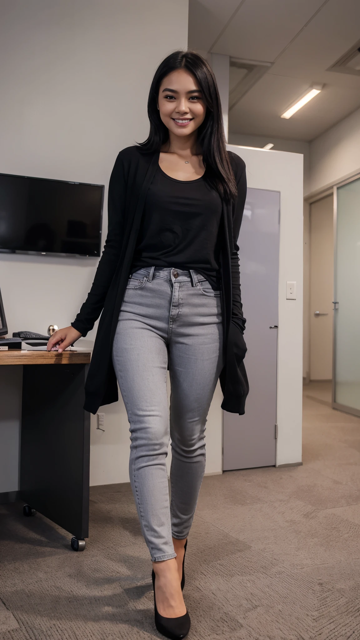 25 years old, girl, violet t-shirt, black cardigan, light grey skinny jeans, black hair, indonesian girl, smile, with heels, office