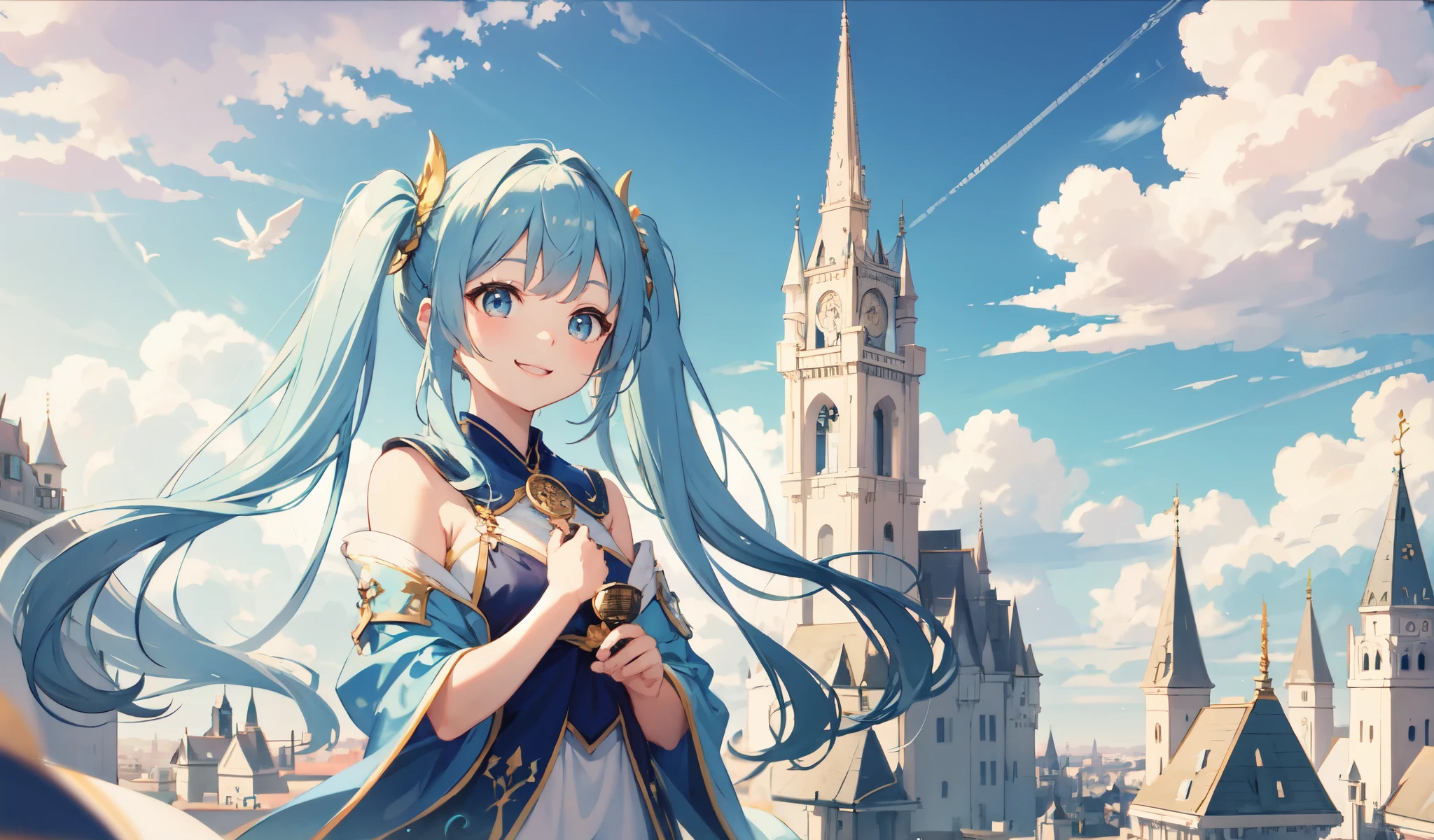Light blue long hair、beautiful girl with twin tails、Bright smile、Magical Land、Fantasy World、Flying through the sky on a magic carpet、Blue sky and white clouds、You can see the cityscape、masterpiece