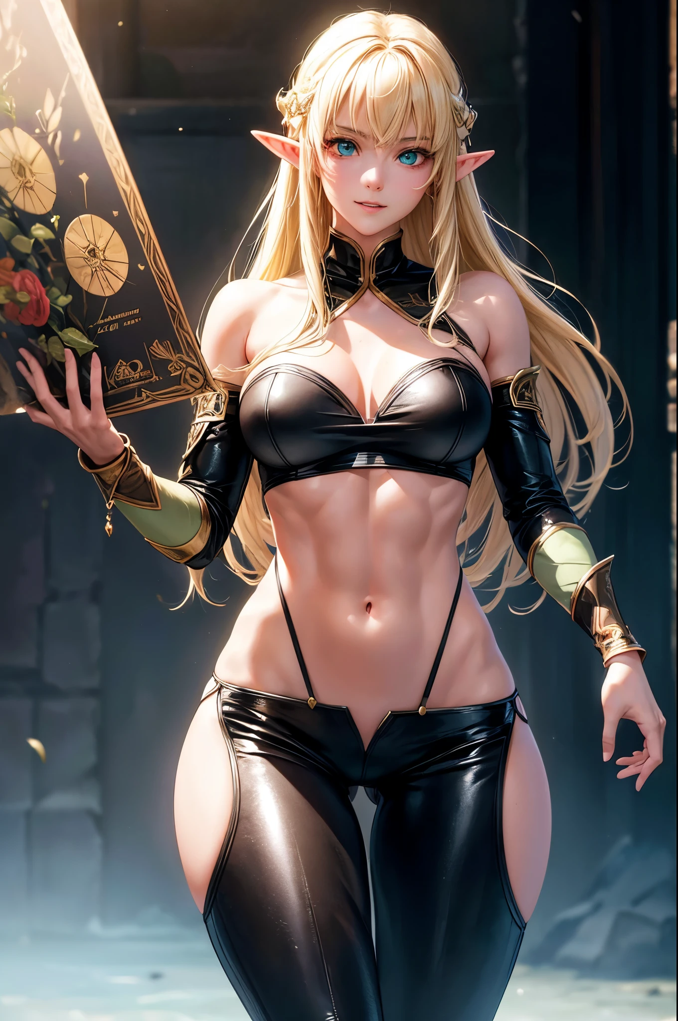 8k,An elf woman who serves as the vice-commander of the Brave Knights..,so beautiful(Like the real thing),Green Eyes,Elf Ears,Blonde Straight Hair,Muscular and slim body,Strongly defined abdominal muscles,Luxurious black exterior,Luxury Black Combat Pants,Very big smile,Long, narrow eyes,masterpiece,Photorealistic RAW photos of the highest quality。Bright colors,Rich colors, Backlight, Cinema Lighting, Film Grain, to be born, 50mm lens, Nikon D850,Realistic Skin,Fantasy art,Character Art,Ultra-high resolution,Realistic scale skins,Perfect hand shape,View your viewers,Beautiful expression,1 comb&#39;hair,Very small breasts,Gorgeous black very small chest armor,Luxurious black shoulder pad,Luxurious black gauntlets,Luxurious black armour,Luxurious black leg armor,View your viewers,Thin breastplate,Top view,close,Sharp Eyes,Dynamic fighting pose,Very small breasts,German,Muscular Beauty,Hard and strong abs,Makeup,