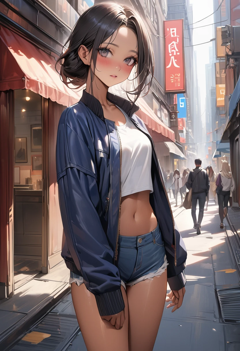 ((masterpiece,Highest quality:1.3,best quality illustration)),(realistic:1.2)、cowboy shot,独奏,1woman,((18 year old beauty)),black hair,long hair,forehead,center parted bangs,black eyes,(gorgeous big eyes),(very small head),blush,((very long body,skinny,slender body,tan skin)),((Navy blue baseball jacket)),small breasts,gleaming skin,oily skin,denim micro shorts,Wearing a white tank top and a blouson,on street,New York City、