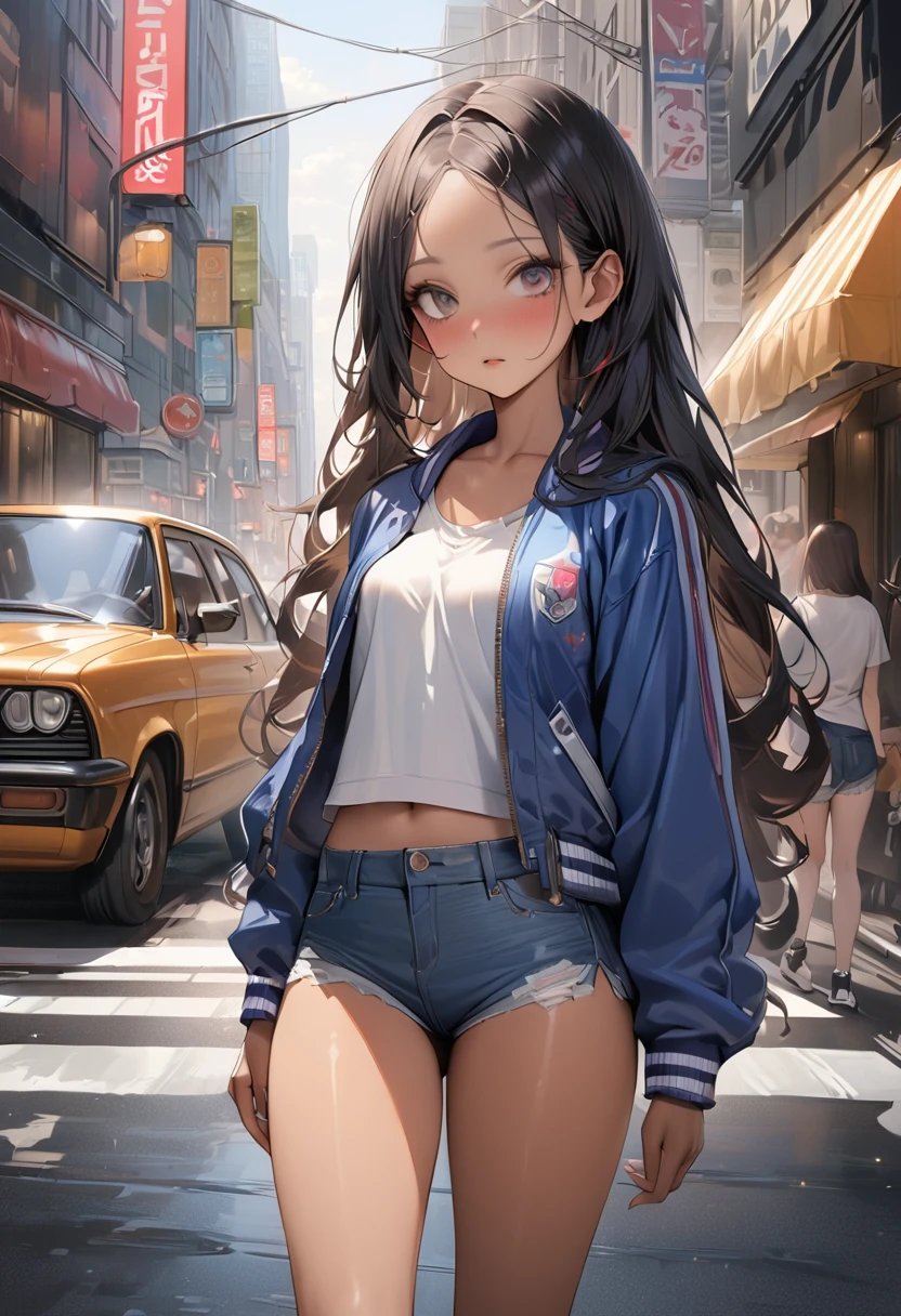 ((masterpiece,Highest quality:1.3,best quality illustration)),(realistic:1.2)、cowboy shot,独奏,1woman,((18 year old beauty)),black hair,long hair,forehead,center parted bangs,black eyes,(gorgeous big eyes),(very small head),blush,((very long body,skinny,slender body,tan skin)),((Navy blue baseball jacket)),small breasts,gleaming skin,oily skin,denim micro shorts,Wearing a white tank top and a blouson,on street,New York City、