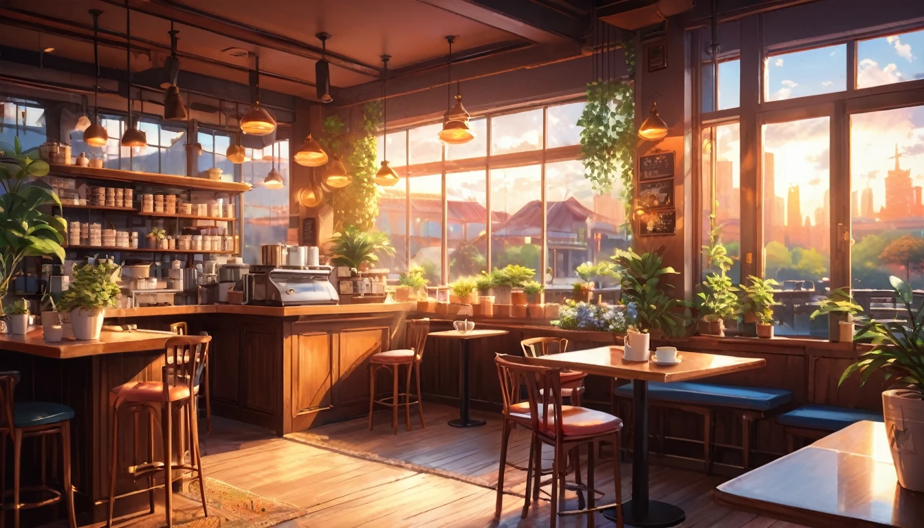Anime-style, horizontal, the interior of a coffee shop is illustrated with intricate details and vibrant colors. Delicate steam rises from the hot coffee cup on the table, seats are with soft cushions, a lot of potted plants, adding to the cozy and inviting atmosphere. Soft lighting casts a warm and beautiful glow over the dreamy scene, it's evening time, making it an ideal place to unwind and escape reality. (Prompt B and C) Anime-style coffee shop interior, hot coffee steaming on the table, creating a cozy, beautiful and dreamy ambiance. (High resolution, 8k) Very detailed anime illustration of a coffee shop interior, showcasing a hot cup of coffee on a table, evoking a warm and cozy