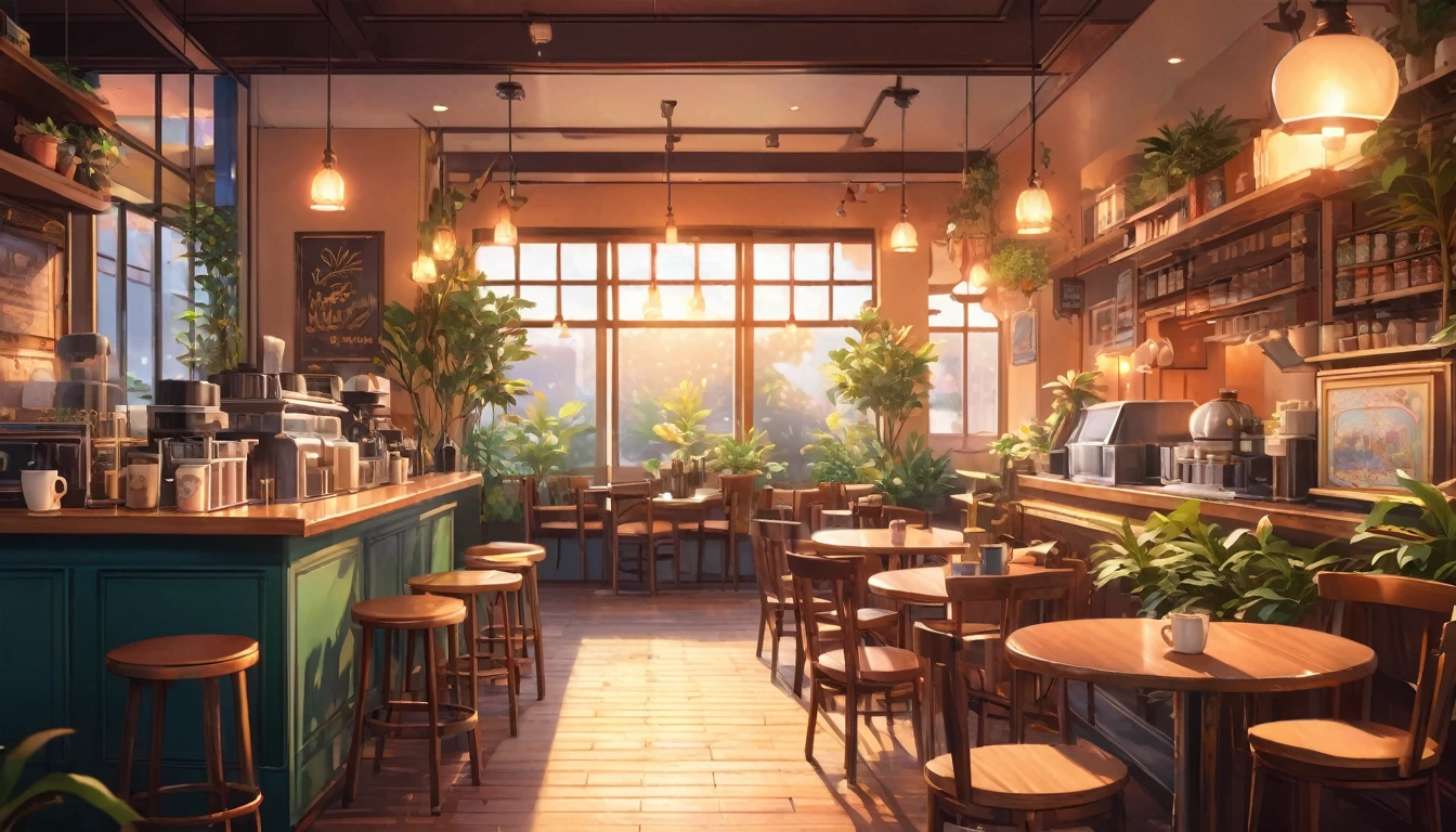 Anime-style, horizontal, the interior of a coffee shop is illustrated with intricate details and vibrant colors. Delicate steam rises from the hot coffee cup on the table, seats are with soft cushions, a lot of potted plants, adding to the cozy and inviting atmosphere. Soft lighting casts a warm and beautiful glow over the dreamy scene, it's evening time, making it an ideal place to unwind and escape reality. (Prompt B and C) Anime-style coffee shop interior, hot coffee steaming on the table, creating a cozy, beautiful and dreamy ambiance. (High resolution, 8k) Very detailed anime illustration of a coffee shop interior, showcasing a hot cup of coffee on a table, evoking a warm and cozy