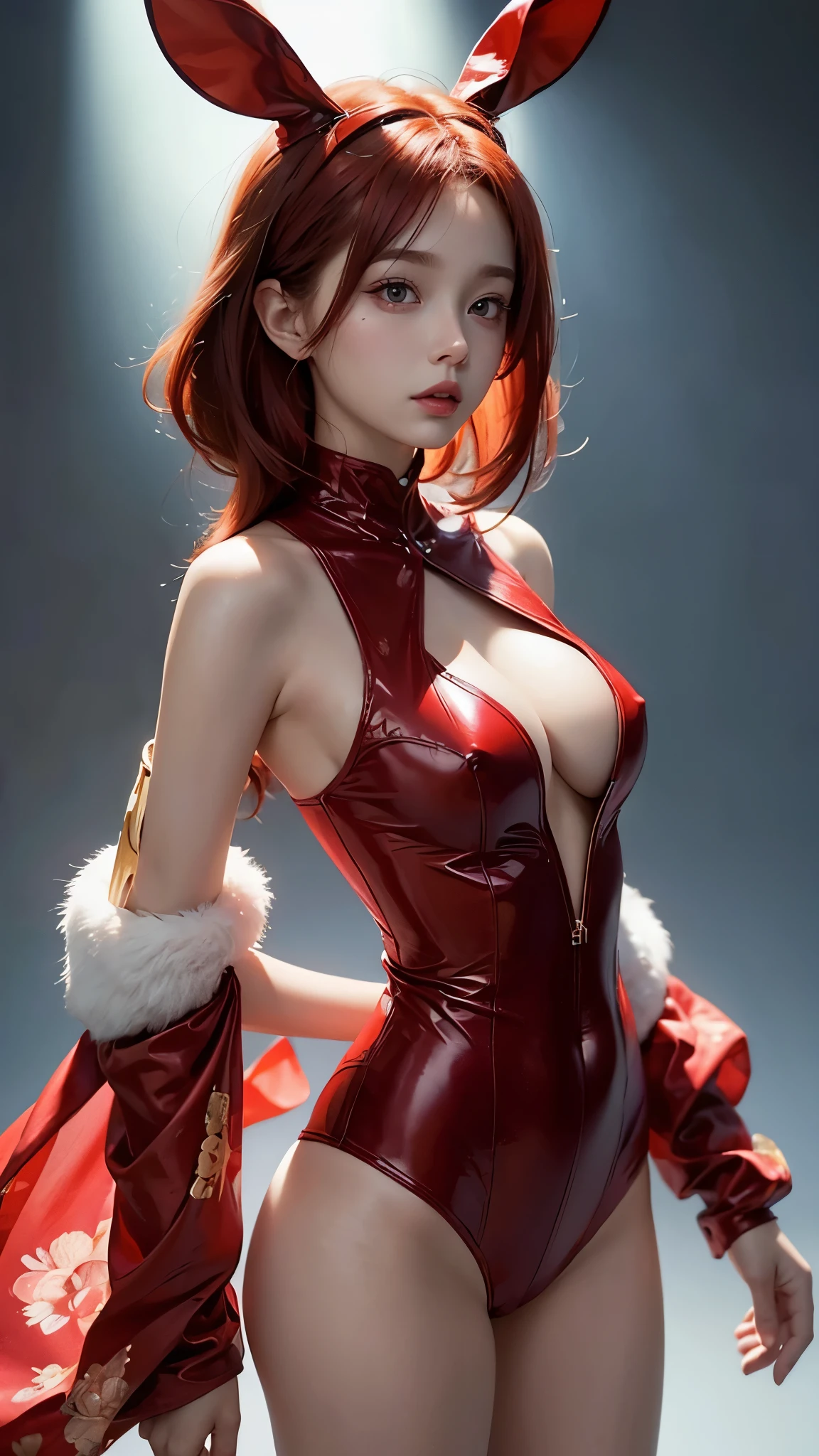 a cute, sexy girl with red hair, bunny girl, closeup of face, tight framing, face only, clean background, surreal, highly detailed lighting, japanese anime style