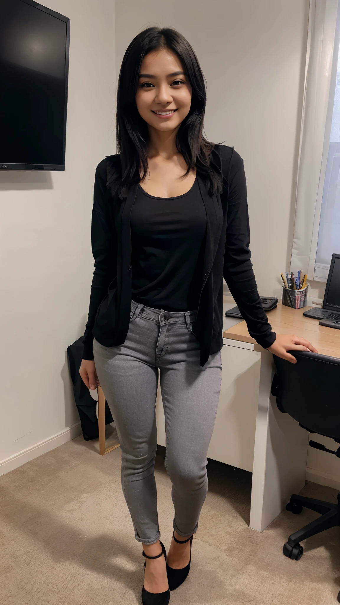 25 years old, girl, violet t-shirt, black cardigan, light grey skinny jeans, black hair, indonesian girl, smile, with heels, office
