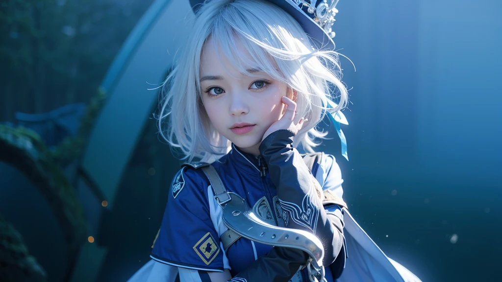 europe girl, smile, in deep water, white hair, blue uniform
