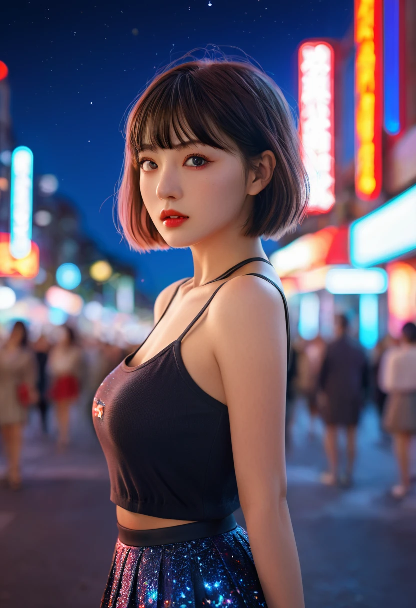 ((masterpiece)), (best quality),, Official Art, Extremely detailed CG unity 8k wallpaper, Very detailed, Glowing skin, Depth of Field, Bright colors,, 1 Girl, (Curvy beauty:0.4), (whole body:0.6),, short hair, Bangs, Red Eyes, skirt, Looking at the audience, night, street, neon, look back, Star (Sky), crowd, Upper Body,