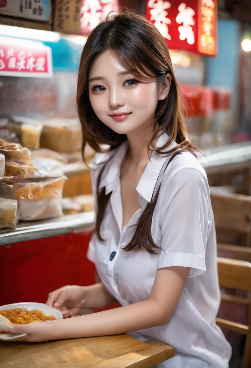 Real、reality、photograph、Taiwanese street food stalls、(((Cute little((10 years old))Girl clerk)))、Summer uniform、((Beal nut selling))、((薄手綿shirt))、(Bursting breasts:1.1)、(Disproportionate breasts、Biggest perfect breasts: 1.2)、Fair skin、Sit on a chair、Shy、shirt、((low length))、