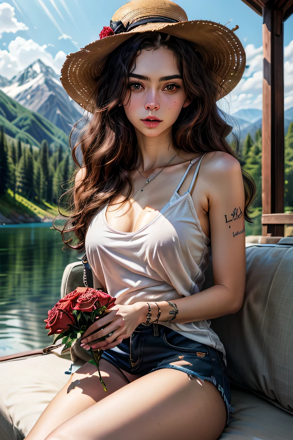 Highest image quality, outstanding details, ultra-high resolution, (realism: 1.4), the best illustration, favor details, highly condensed 1girl, with a delicate and beautiful face, dressed in a black and white tank, wearing a bucket hat, holding a rose, siting on the couch, the background is a beautiful mountain and river, tatoo written (((V.L.A))) in it