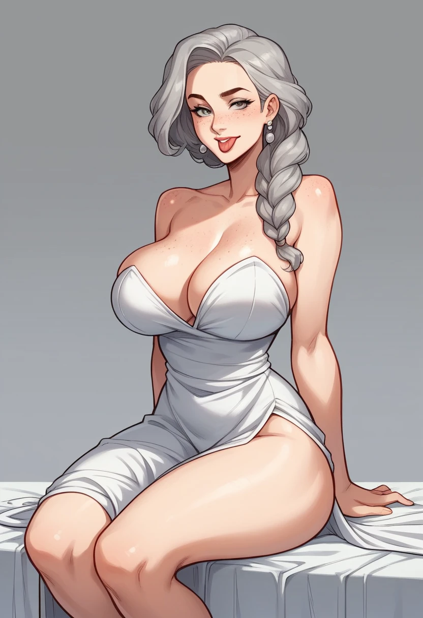 best quality, super fine, 16k, incredibly absurdres, extremely detailed, 2.5D, delicate and dynamic, a beautiful woman of 40 years, Caucasian, women, Elegant, beautiful, Mature, Milf, grey eyes, eye shape, eyebrows, strong eyebrows, Grey hair, Braided hair, largue hair. skinny, tall. High cheekbones, strong chin. Freckles. breasts, voluptuous, broad hips, tall, High, visible thighs, big breasts, voluptuous, beautiful thighs broad hips, tall, High. Wearing a white cloth dress, lengerie. showing breast, showing legs, showing thighs, showing legs. (Sitting on a white coach) legs open to the sides (legs open towards the viewer). Solo