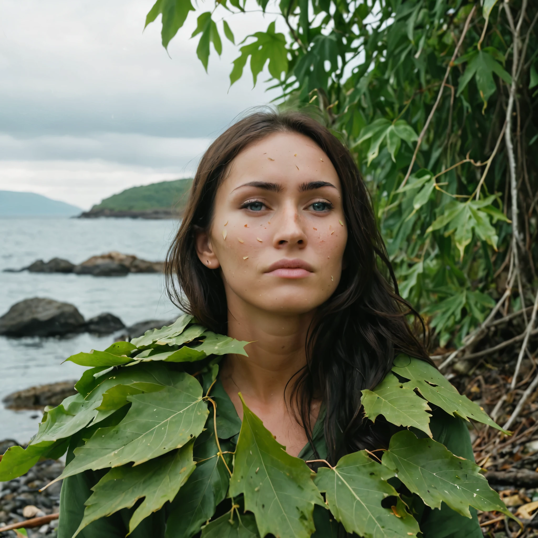 photo of a woman, sad, tears rolling down face, wearing leaves that cover her whole body, on an island alone, looking at camera, 