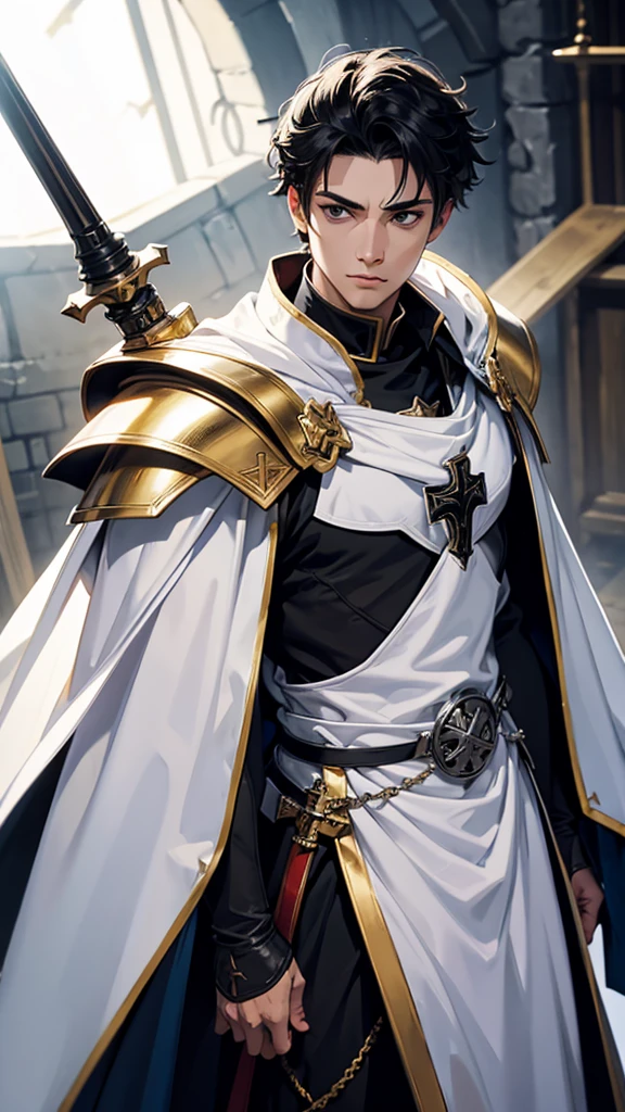 a Templar knight with armor with a symbol of the cross on his chest,a white cloak,with black hair and black eyes, and on his head a golden areula 