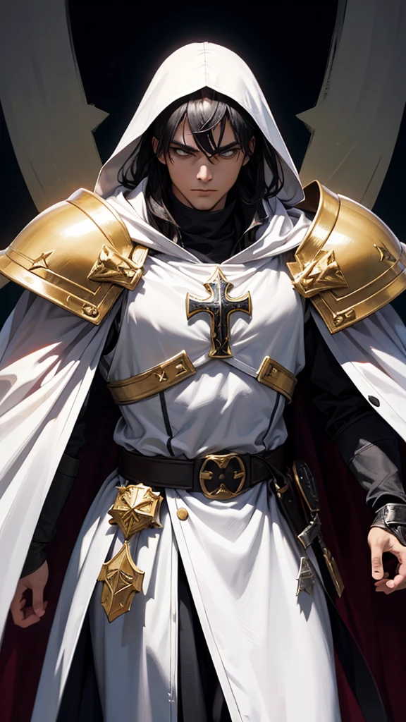 a Templar knight with armor with a symbol of the cross on his chest,a white cloak,with black hair and black eyes, and on his head a golden areula
