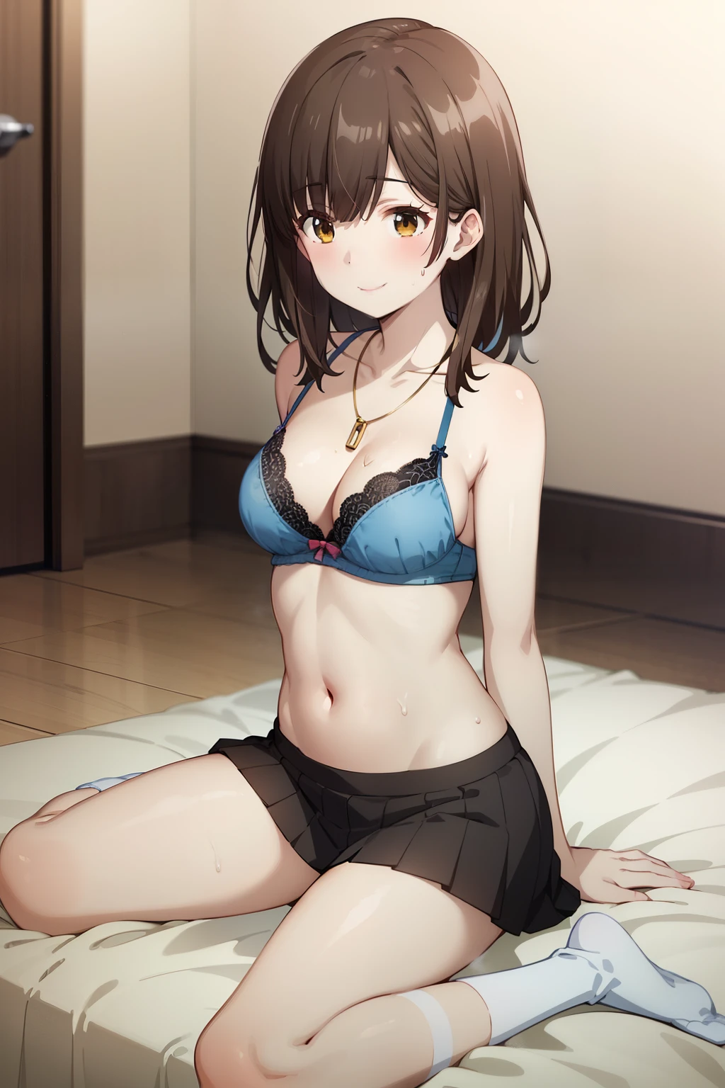 ogiwara sayu, bra, nsfw, masterpiece, solo, 1 girl, navel, necklace, brown hair, brown eyes, smiling, bare stomach, sweaty, sitting, bed, socks, texts, bare arms, collarbones, smiling, , pleated skirt, medium breasts, living room, slim waist, detailed eyes, beautiful eyes, slim waist, atmospheric camera