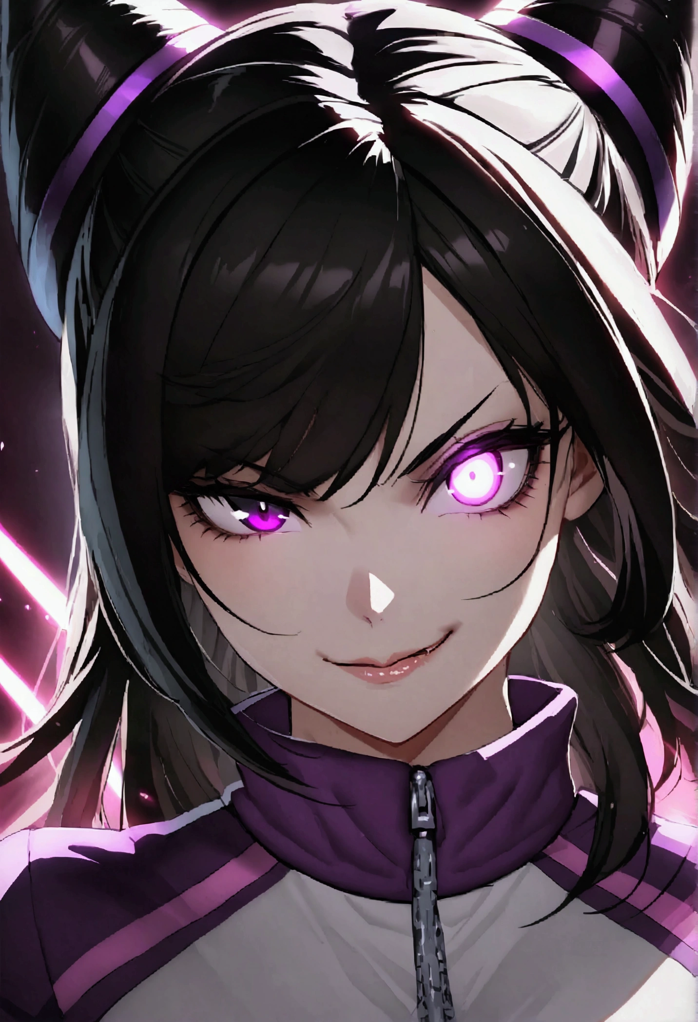 dark eye shadow,shining eyes,beautiful young fitness woman with , in a gym wearing May with black pantyhose, tight white and purple gym jacket. standing alone,hair horns,glowing purple eyes,Evil smile,legging preto ,labiaa,dark eye shadow,shining eyes,close up,juri han
