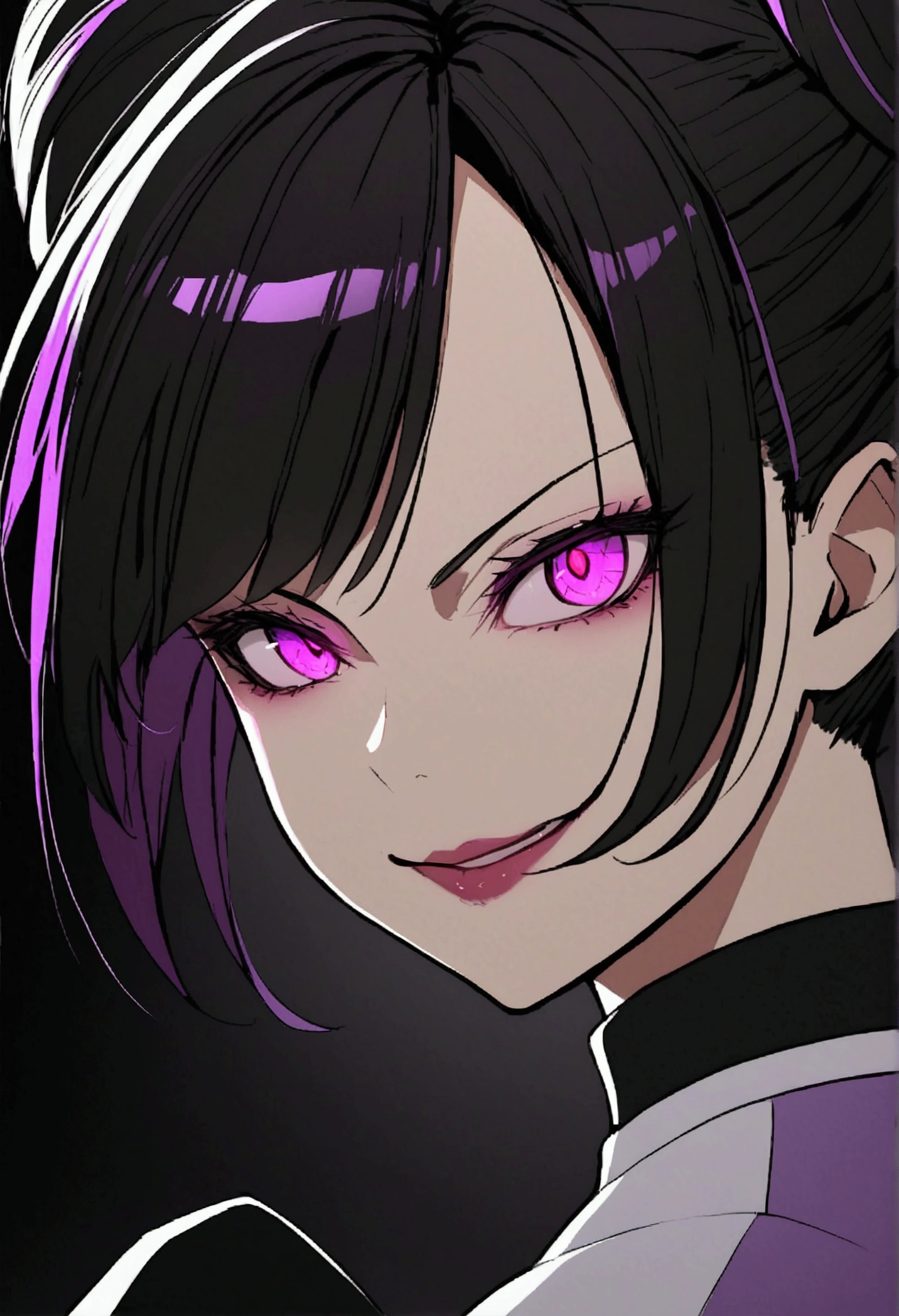 dark eye shadow,shining eyes,beautiful young fitness woman with , in a gym wearing May with black pantyhose, tight white and purple gym jacket. standing alone,hair horns,glowing purple eyes,Evil smile,legging preto ,labiaa,dark eye shadow,shining eyes,close up,juri han