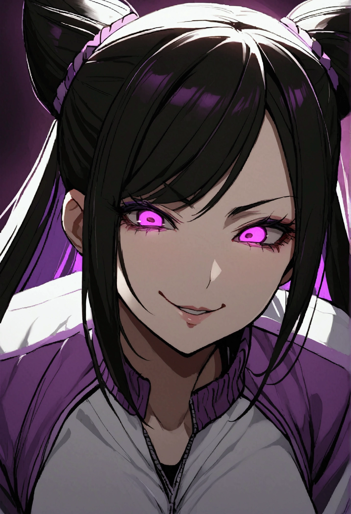 dark eye shadow,shining eyes,beautiful young fitness woman with , in a gym wearing May with black pantyhose, tight white and purple gym jacket. standing alone,hair horns,glowing purple eyes,Evil smile,legging preto ,labiaa,dark eye shadow,shining eyes,close up,juri han