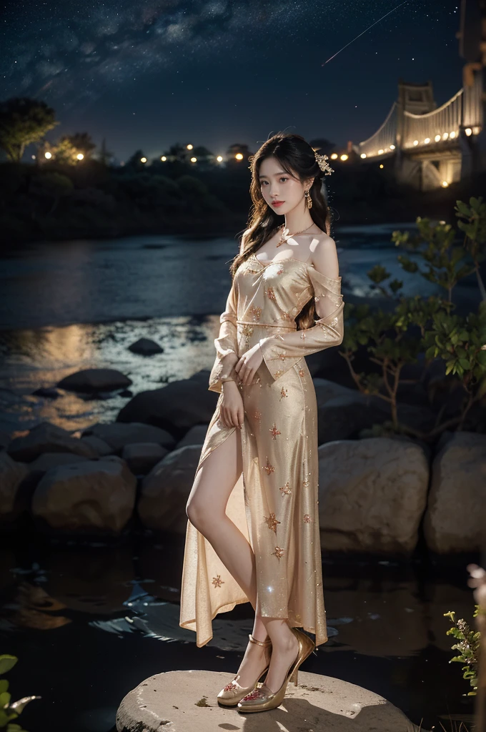 (((best quality))),(((ultra detailed))),(((masterpiece))),illustration,((1 beautiful girl,solo)),(shoulder length straight hair:1.2),((earrings,necklace)),((slim,thin)),((small breasts,flat chest)),(gorgeous sheer red Chinese dress:1.3),(slender legs:1.2),(loafers:1.2),(standing:1.3),(on the stone arch bridge:1.3),((starry sky,the Milky Way,horizon)),elegance, grace, sophisticated updo, delicate hairpins, twinkling stars, radiant smile, bright eyes, wonder, beauty of the night sky, intricate patterns, flowers, birds, vibrant colors, ethereal, enchanting, old bridge, weathered, sturdy, natural surroundings, serene, peaceful atmosphere, rippling water, stars, graceful silhouette, magic, tranquility, twinkling stars, mesmerizing canopy of light, cool air, crisp, faint scent of blooming flowers, contemplation, admiration, ancient China, timeless, rich culture, traditions, captivating, enchanting atmosphere, myth, legend,((from front,full body))